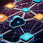**A dynamic, interconnected network representing a modern supply chain. Use data visualizations, glowing lines, and transparent layers to show the flow of information and goods. Include icons representing digital technologies like cloud computing, IoT sensors, and blockchain nodes. The overall feel should be futuristic and efficient, highlighting the data-driven nature of supply chain optimization. Keywords: Supply chain, digital transformation, data, IoT, blockchain, efficiency.**