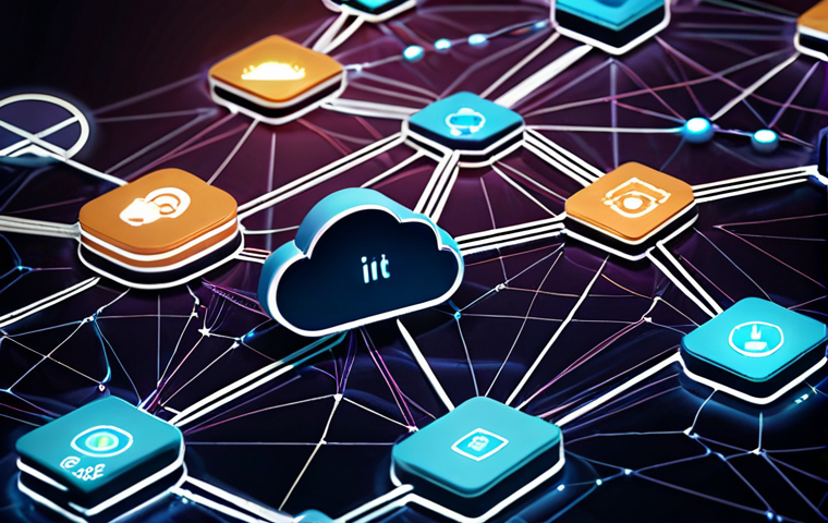 **A dynamic, interconnected network representing a modern supply chain. Use data visualizations, glowing lines, and transparent layers to show the flow of information and goods. Include icons representing digital technologies like cloud computing, IoT sensors, and blockchain nodes. The overall feel should be futuristic and efficient, highlighting the data-driven nature of supply chain optimization. Keywords: Supply chain, digital transformation, data, IoT, blockchain, efficiency.**