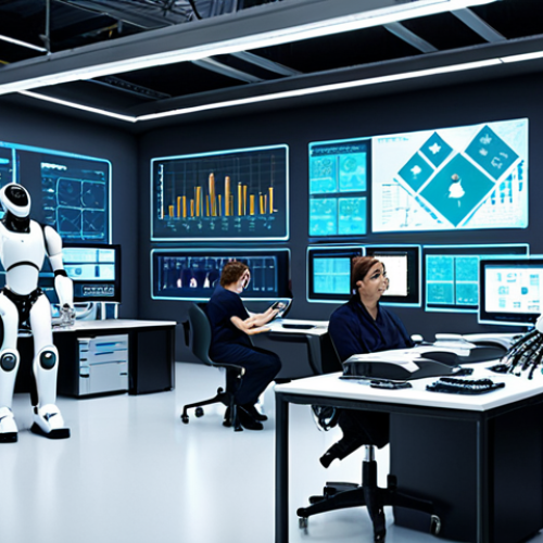 **

A futuristic smart factory with robotic arms assembling products. Overlays of data visualizations showing real-time monitoring of equipment and product quality. Cloud computing icons in the background, emphasizing the digital infrastructure. Data scientists and engineers are working on computers.

**