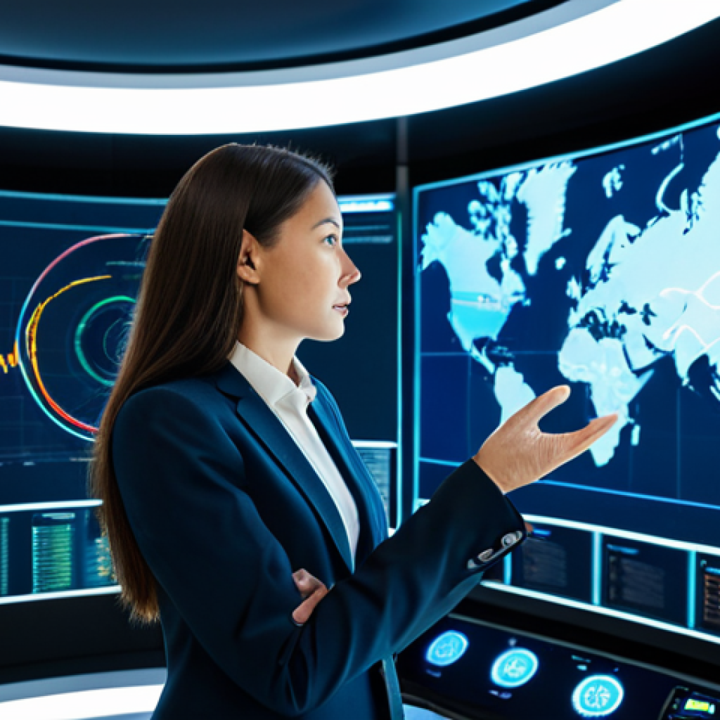 A professional female supply chain executive in a modest business suit, standing confidently in a futuristic, high-tech control room, surrounded by holographic displays showing real-time global supply chain data, AI-driven analytics, and predictive models. She is gesturing towards a large interactive screen displaying complex network flows and inventory optimization. The environment is sleek, clean, and well-lit, emphasizing innovation and efficiency. fully clothed, appropriate attire, safe for work, perfect anatomy, natural proportions, well-formed hands, proper finger count, natural body proportions, professional dress, high quality, professional photography, appropriate content, modest.