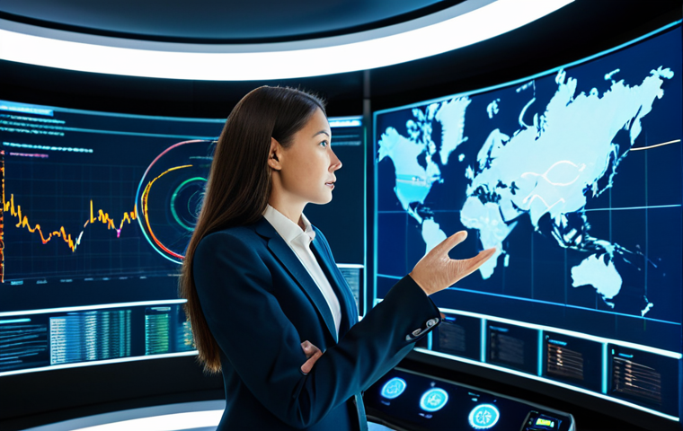 A professional female supply chain executive in a modest business suit, standing confidently in a futuristic, high-tech control room, surrounded by holographic displays showing real-time global supply chain data, AI-driven analytics, and predictive models. She is gesturing towards a large interactive screen displaying complex network flows and inventory optimization. The environment is sleek, clean, and well-lit, emphasizing innovation and efficiency. fully clothed, appropriate attire, safe for work, perfect anatomy, natural proportions, well-formed hands, proper finger count, natural body proportions, professional dress, high quality, professional photography, appropriate content, modest.
