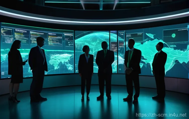 SCM 실무에서의 협업 기술 - **Prompt:** A futuristic, high-tech control room bathed in soft, ethereal blue and green light. Dive...