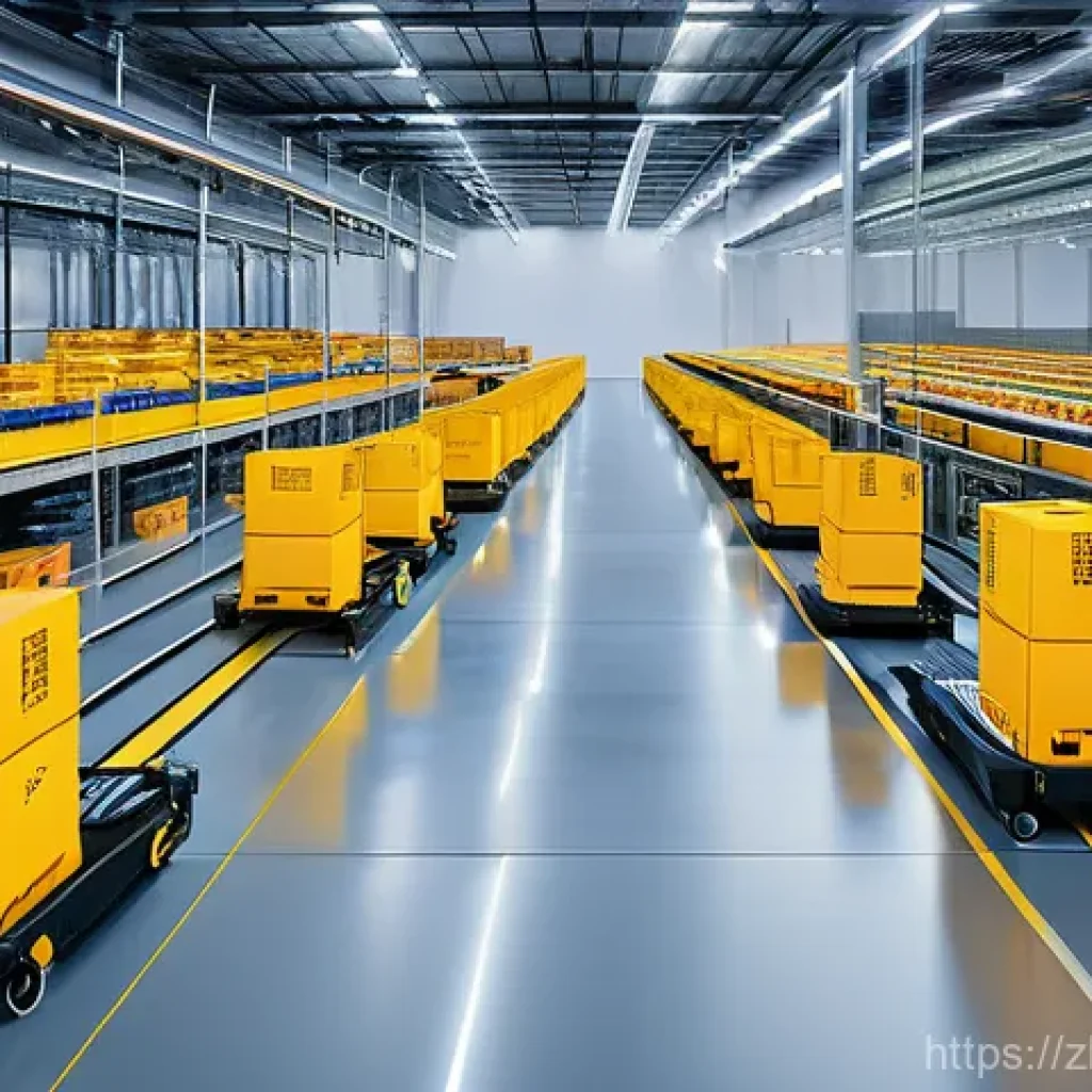 공급망관리와 기술 혁신 동향 - **Prompt:** A modern, high-tech automated warehouse bathed in soft, diffused light. Sleek, advanced ...