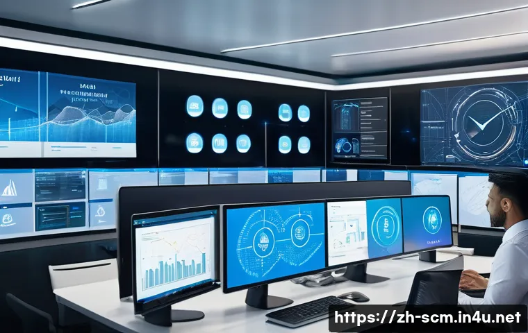 공급망관리 중점 과목 정리 - A modern, high-tech supply chain control room with large digital screens displaying real-time data o...