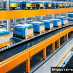 공급망관리와 글로벌 물류 트렌드 - A highly detailed futuristic automated warehouse interior featuring advanced AGV robots transporting...