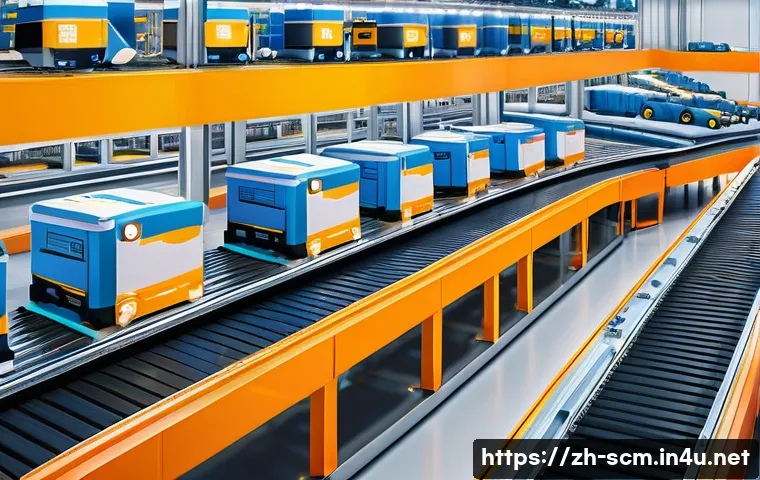 공급망관리와 글로벌 물류 트렌드 - A highly detailed futuristic automated warehouse interior featuring advanced AGV robots transporting...