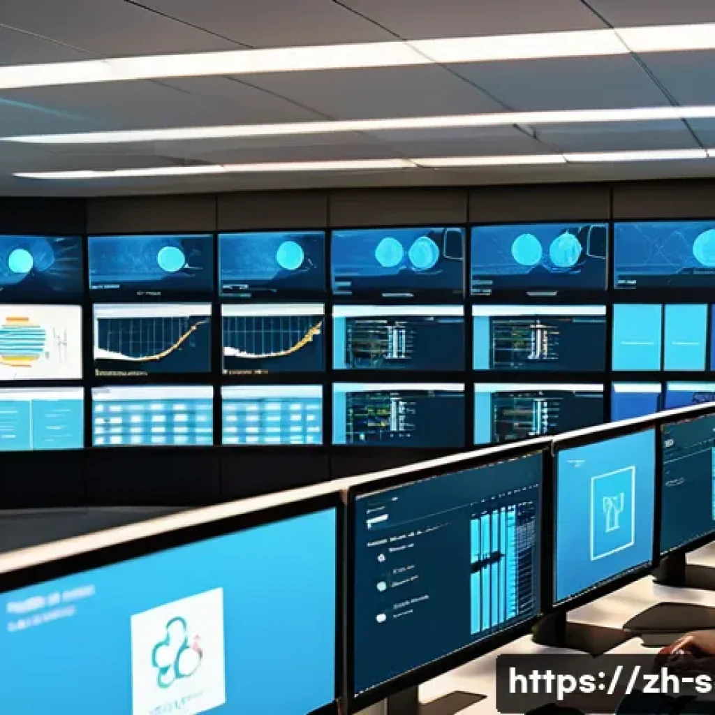 SCM 전문가로서의 필수 기술 - A modern, high-tech supply chain control room with large digital screens displaying dynamic data vis...