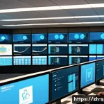 SCM 전문가로서의 필수 기술 - A modern, high-tech supply chain control room with large digital screens displaying dynamic data vis...