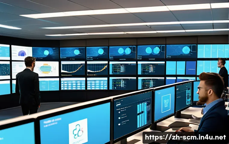 SCM 전문가로서의 필수 기술 - A modern, high-tech supply chain control room with large digital screens displaying dynamic data vis...