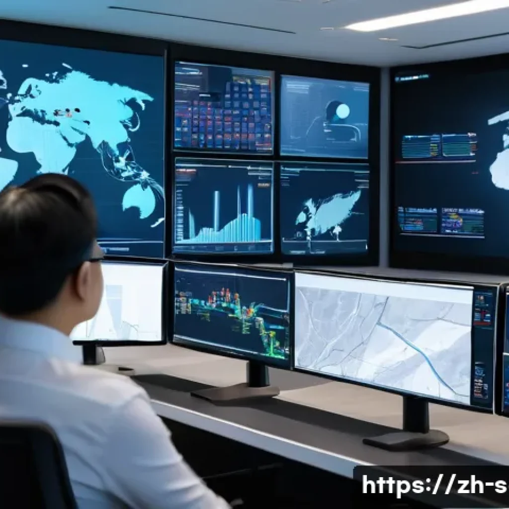 공급망관리에서의 리스크 관리 사례 - A modern supply chain control room with multiple large digital screens displaying real-time data ana...