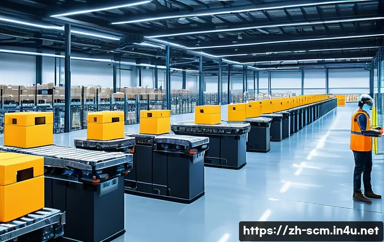 SCM와 전자 상거래의 연결점 - A modern automated warehouse interior scene with robotic arms and conveyor belts actively sorting an...