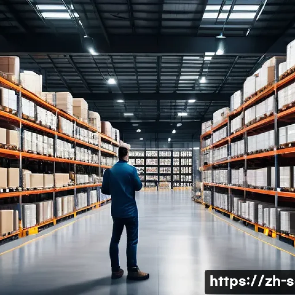SCM 실무 중 자주 겪는 문제 해결법 - A modern warehouse interior showing dynamic inventory management in action: shelves neatly organized...
