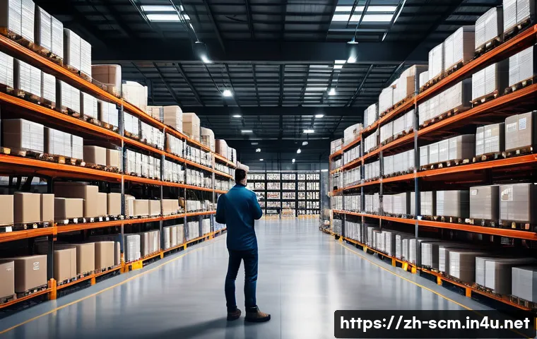 SCM 실무 중 자주 겪는 문제 해결법 - A modern warehouse interior showing dynamic inventory management in action: shelves neatly organized...