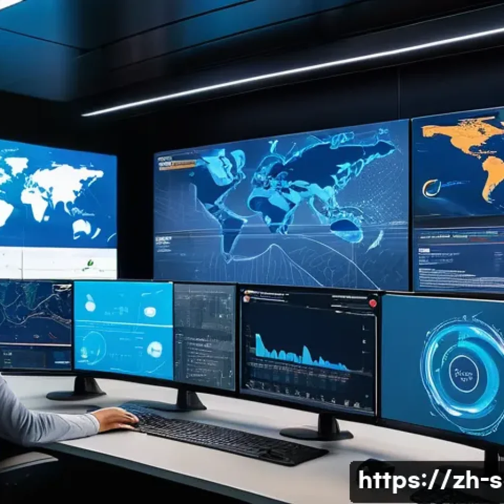 공급망관리 실무에서의 글로벌 문제 해결 - A highly detailed futuristic global supply chain control room with large digital screens displaying ...