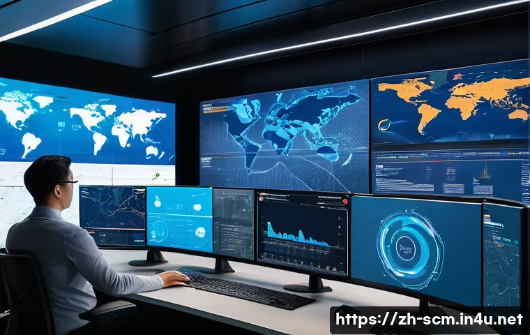 공급망관리 실무에서의 글로벌 문제 해결 - A highly detailed futuristic global supply chain control room with large digital screens displaying ...
