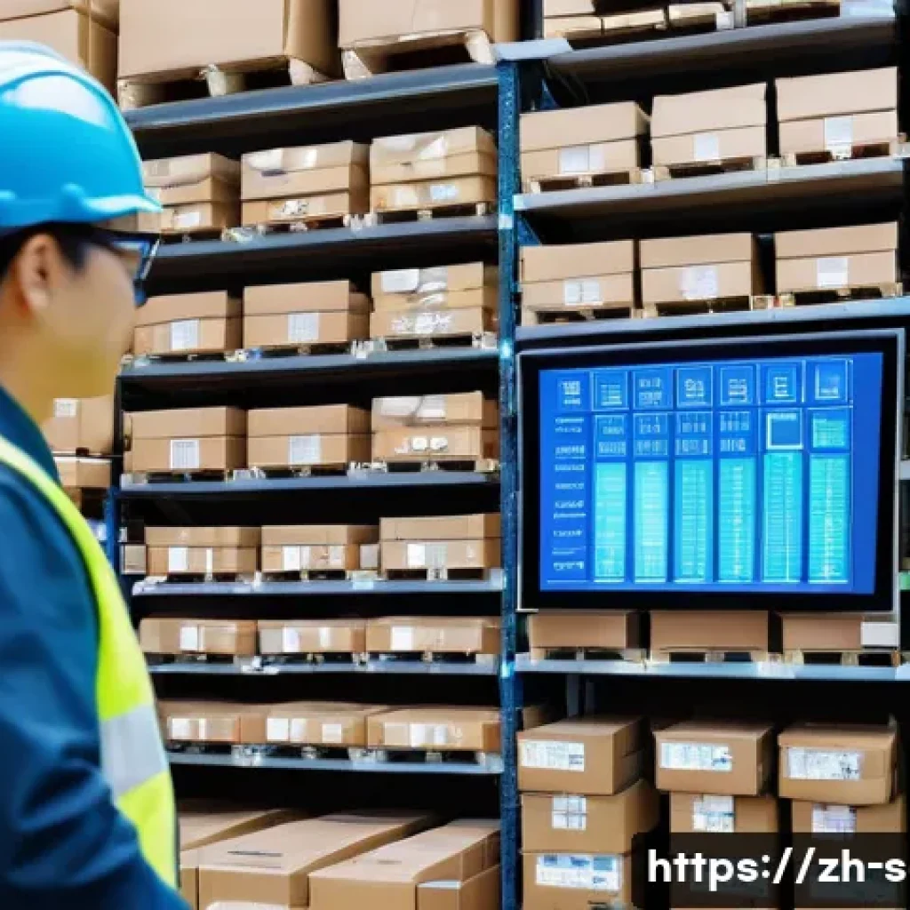 공급망관리와 국제 무역 협상 - A modern warehouse interior showcasing an advanced smart inventory management system in action, feat...