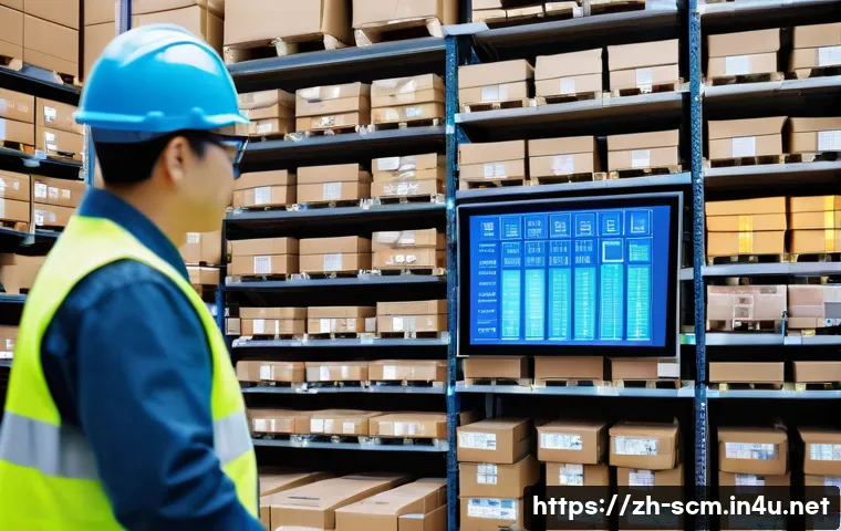 공급망관리와 국제 무역 협상 - A modern warehouse interior showcasing an advanced smart inventory management system in action, feat...