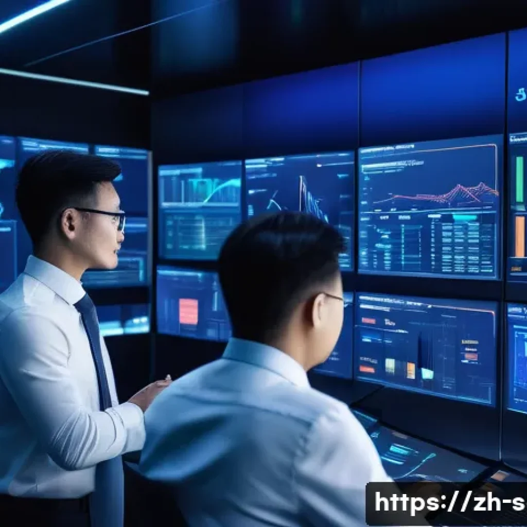 SCM에서의 빅데이터 활용 - A modern supply chain control room with multiple large digital screens displaying real-time data ana...