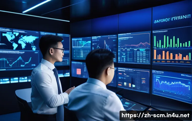 SCM에서의 빅데이터 활용 - A modern supply chain control room with multiple large digital screens displaying real-time data ana...