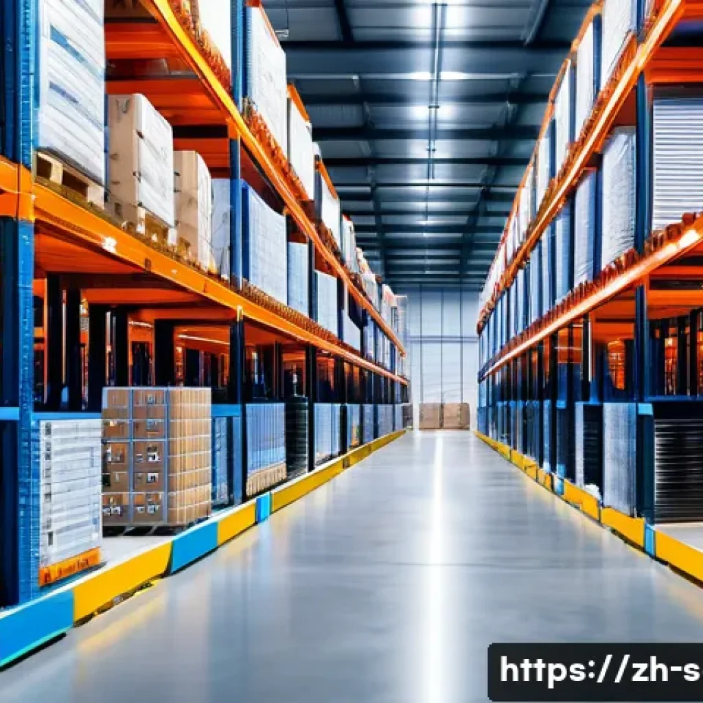 SCM 실무에서의 비효율 제거 전략 - A high-tech modern warehouse interior featuring rows of smart shelves equipped with RFID tags and Io...