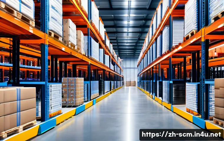 SCM 실무에서의 비효율 제거 전략 - A high-tech modern warehouse interior featuring rows of smart shelves equipped with RFID tags and Io...