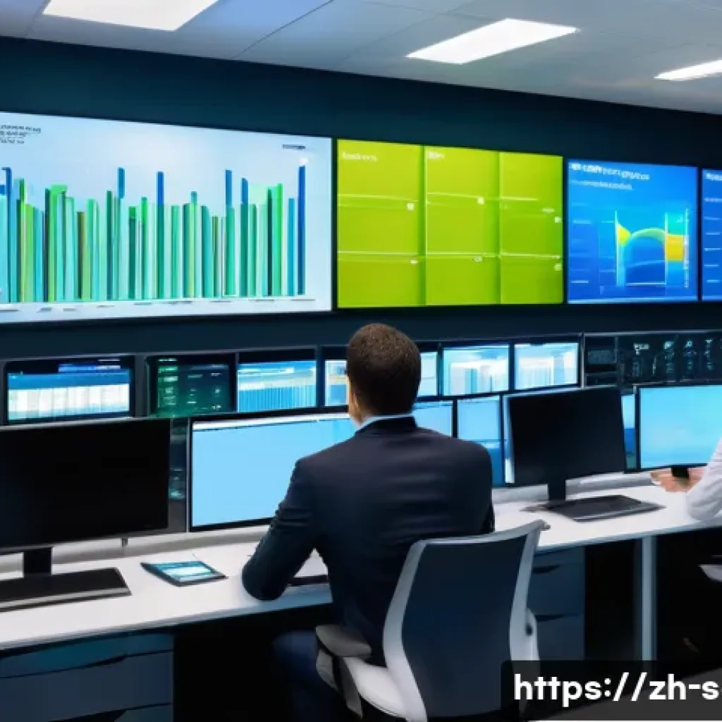 SCM 실무에서의 KPI 설정 사례 - A modern, high-tech supply chain control room with large digital screens displaying KPIs like invent...