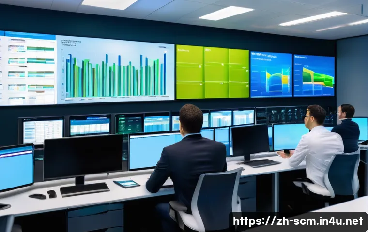 SCM 실무에서의 KPI 설정 사례 - A modern, high-tech supply chain control room with large digital screens displaying KPIs like invent...