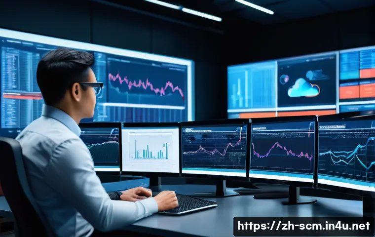 SCM 실무에서의 창의적 문제 해결 - A modern supply chain control room with diverse professionals actively monitoring multiple large dig...