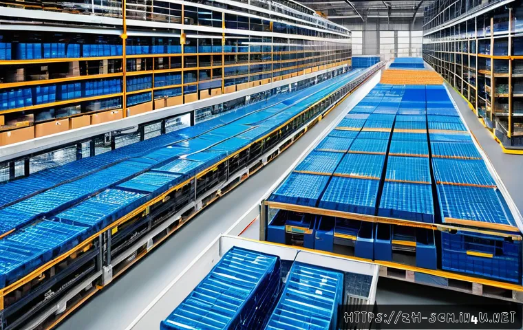 공급망관리 실무에서의 자동화 사례 - A modern automated warehouse interior bustling with advanced robots autonomously moving, sorting, an...