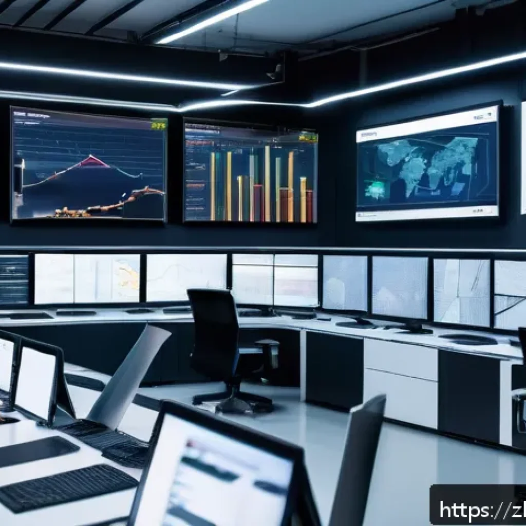 공급망관리 실무에서의 최적화 기법 - A modern supply chain control room featuring large digital screens displaying real-time IoT data: ve...