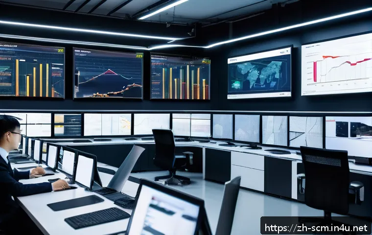 공급망관리 실무에서의 최적화 기법 - A modern supply chain control room featuring large digital screens displaying real-time IoT data: ve...