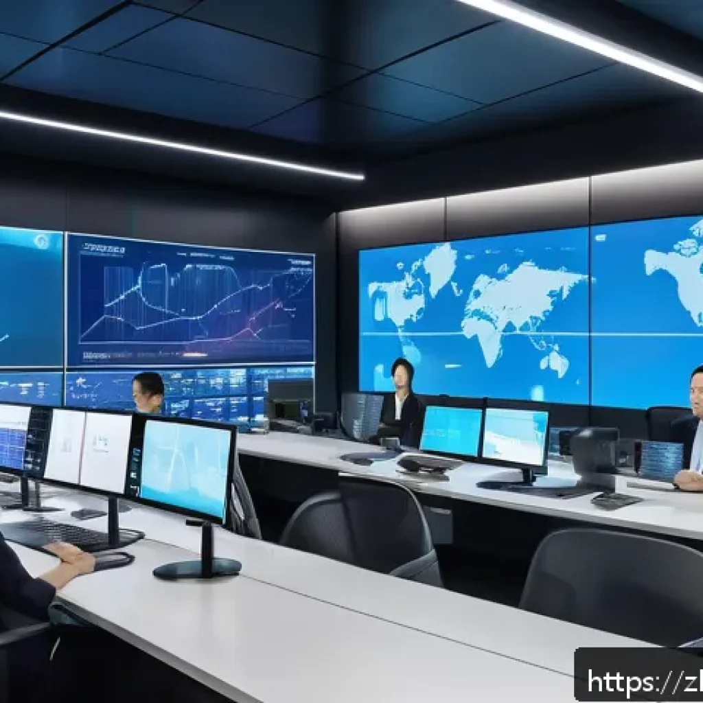SCM 교육 프로그램 리뷰 - A modern, high-tech supply chain control room featuring large digital screens displaying real-time d...