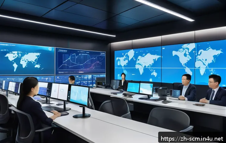 SCM 교육 프로그램 리뷰 - A modern, high-tech supply chain control room featuring large digital screens displaying real-time d...