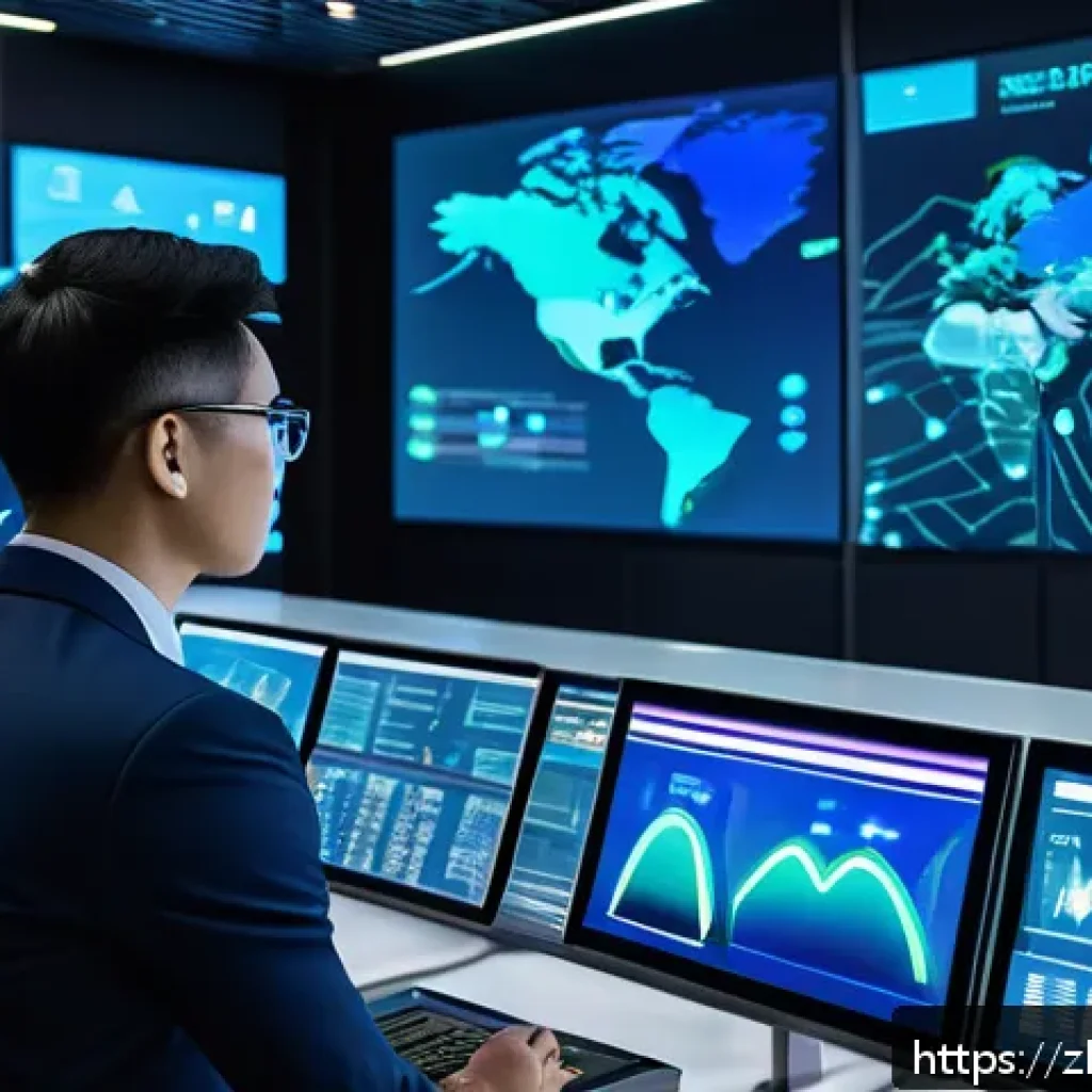 공급망관리와 글로벌 공급망 리스크 - A futuristic supply chain control room featuring multiple large digital screens displaying real-time...