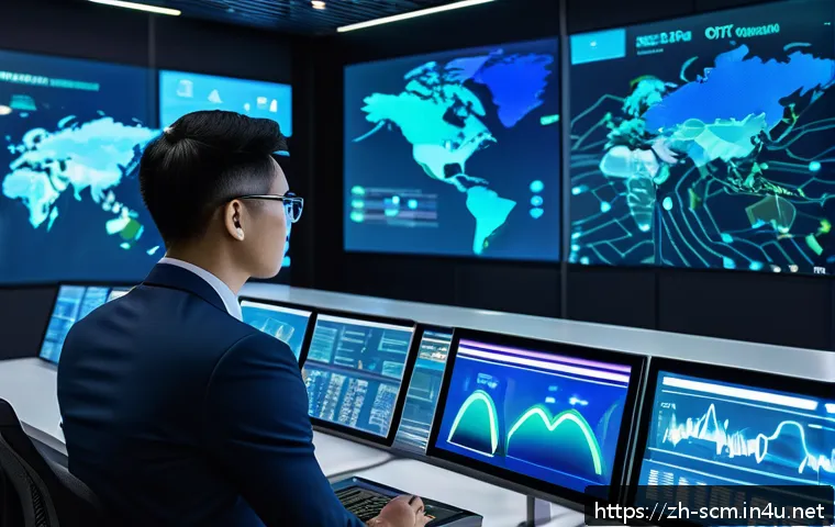 공급망관리와 글로벌 공급망 리스크 - A futuristic supply chain control room featuring multiple large digital screens displaying real-time...