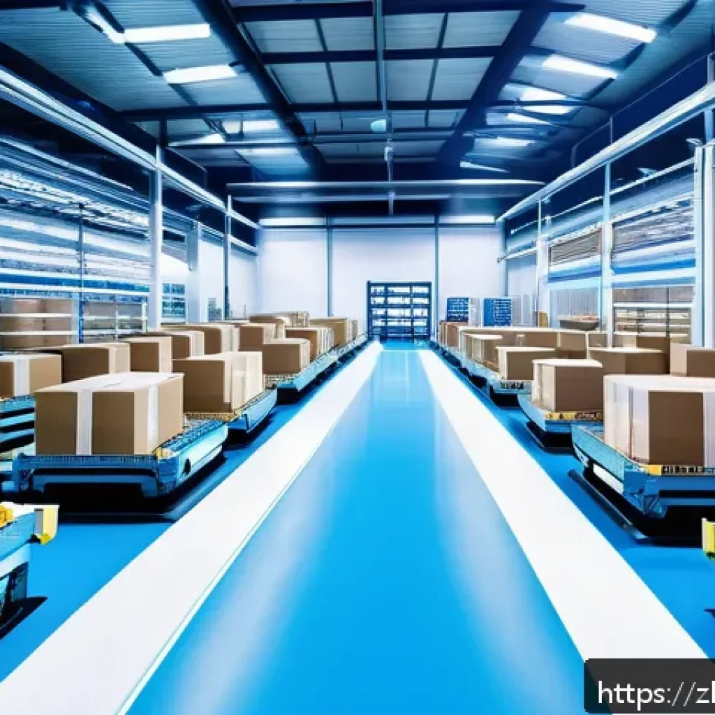 공급망관리 실무 프로세스 최적화 - A futuristic smart warehouse interior showcasing automated storage and retrieval systems with roboti...