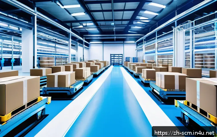 공급망관리 실무 프로세스 최적화 - A futuristic smart warehouse interior showcasing automated storage and retrieval systems with roboti...