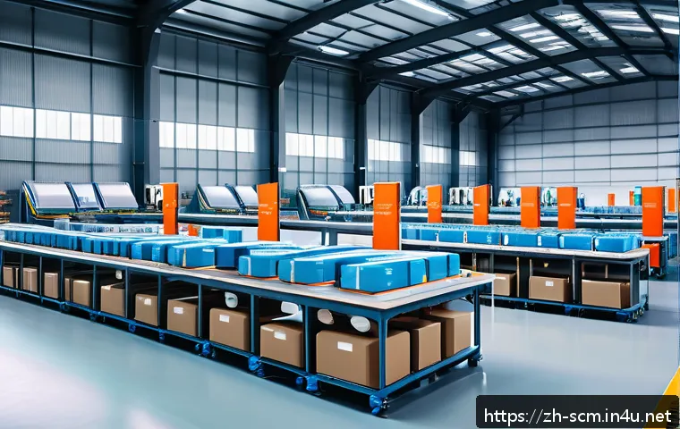 SCM 자격증 시험에 필요한 기본 정보 - A modern warehouse interior with advanced automated robotic arms sorting packages on conveyor belts,...