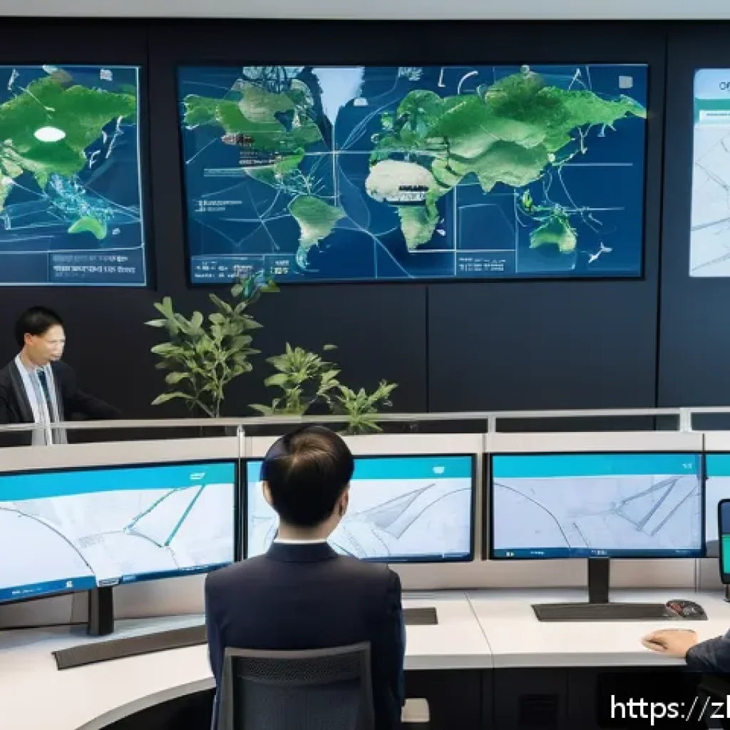 공급망관리와 지속 가능성 전략 - A modern logistics control center with multiple large digital screens showing smart route planning m...