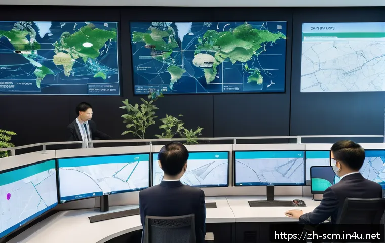 공급망관리와 지속 가능성 전략 - A modern logistics control center with multiple large digital screens showing smart route planning m...