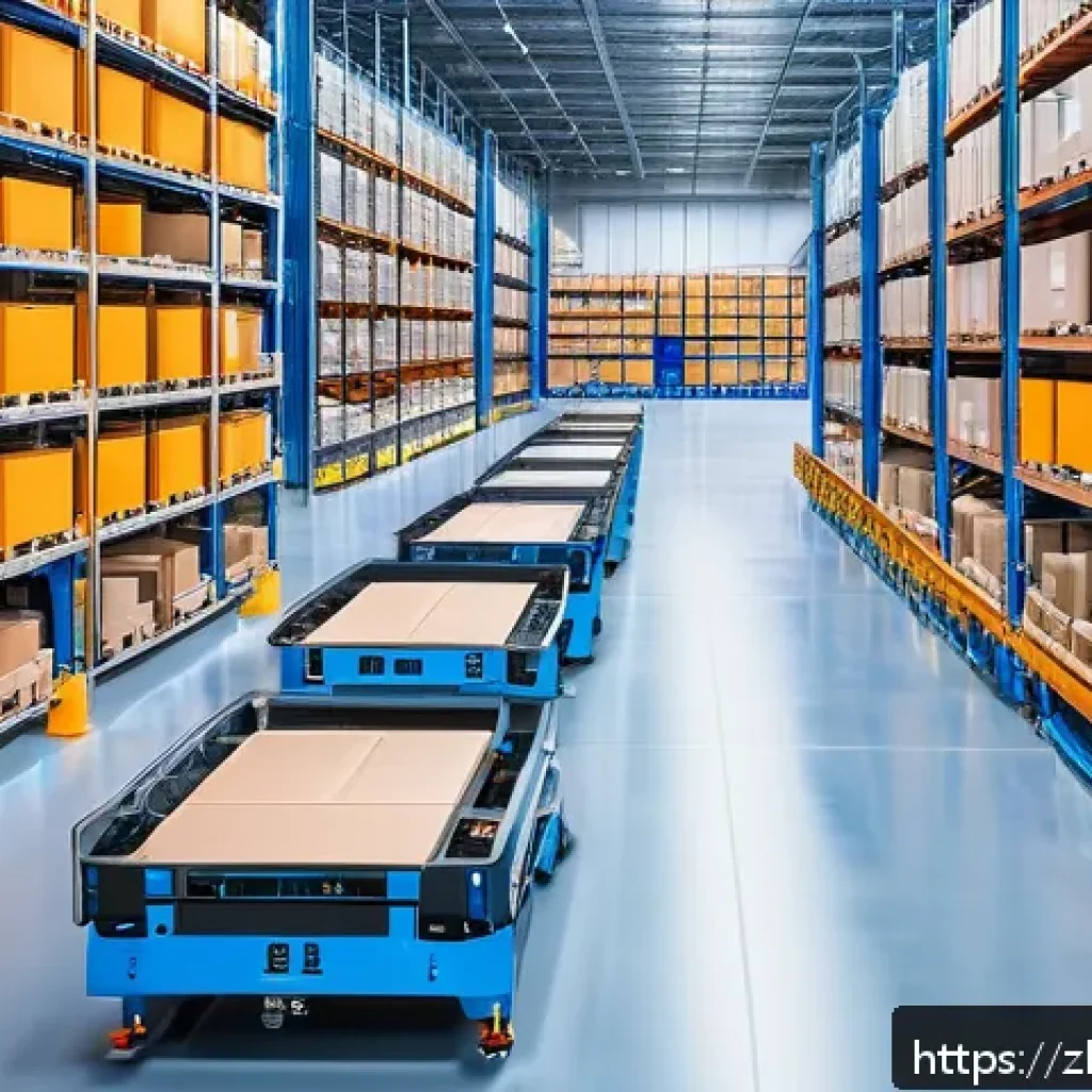 SCM와 혁신적인 물류 파트너십 - A futuristic smart logistics warehouse interior featuring sleek robots performing automated sorting ...