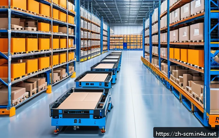 SCM와 혁신적인 물류 파트너십 - A futuristic smart logistics warehouse interior featuring sleek robots performing automated sorting ...