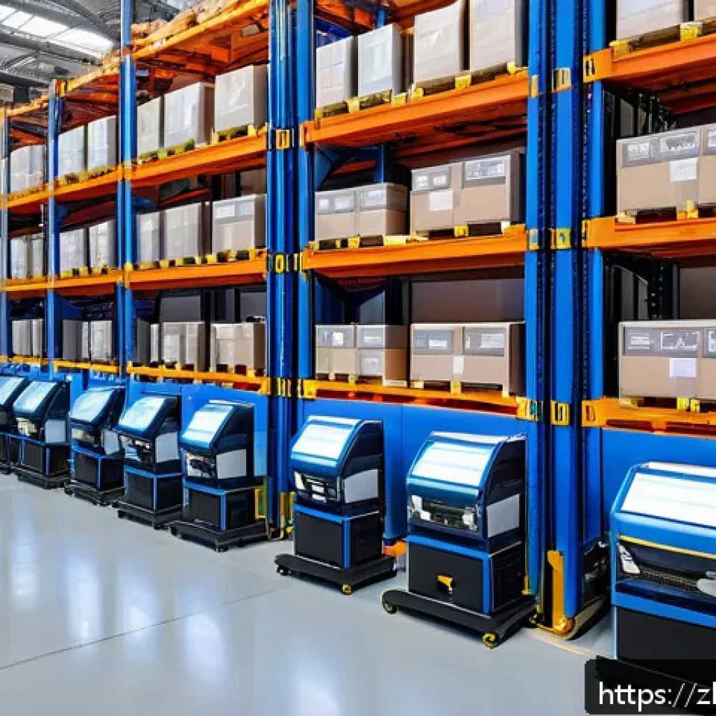 공급망관리와 재고 최적화 사례 - A modern warehouse interior showcasing an advanced automated storage and retrieval system with robot...