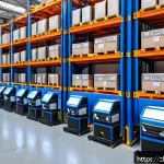 공급망관리와 재고 최적화 사례 - A modern warehouse interior showcasing an advanced automated storage and retrieval system with robot...
