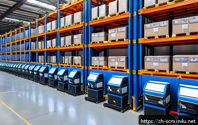 공급망관리와 재고 최적화 사례 - A modern warehouse interior showcasing an advanced automated storage and retrieval system with robot...
