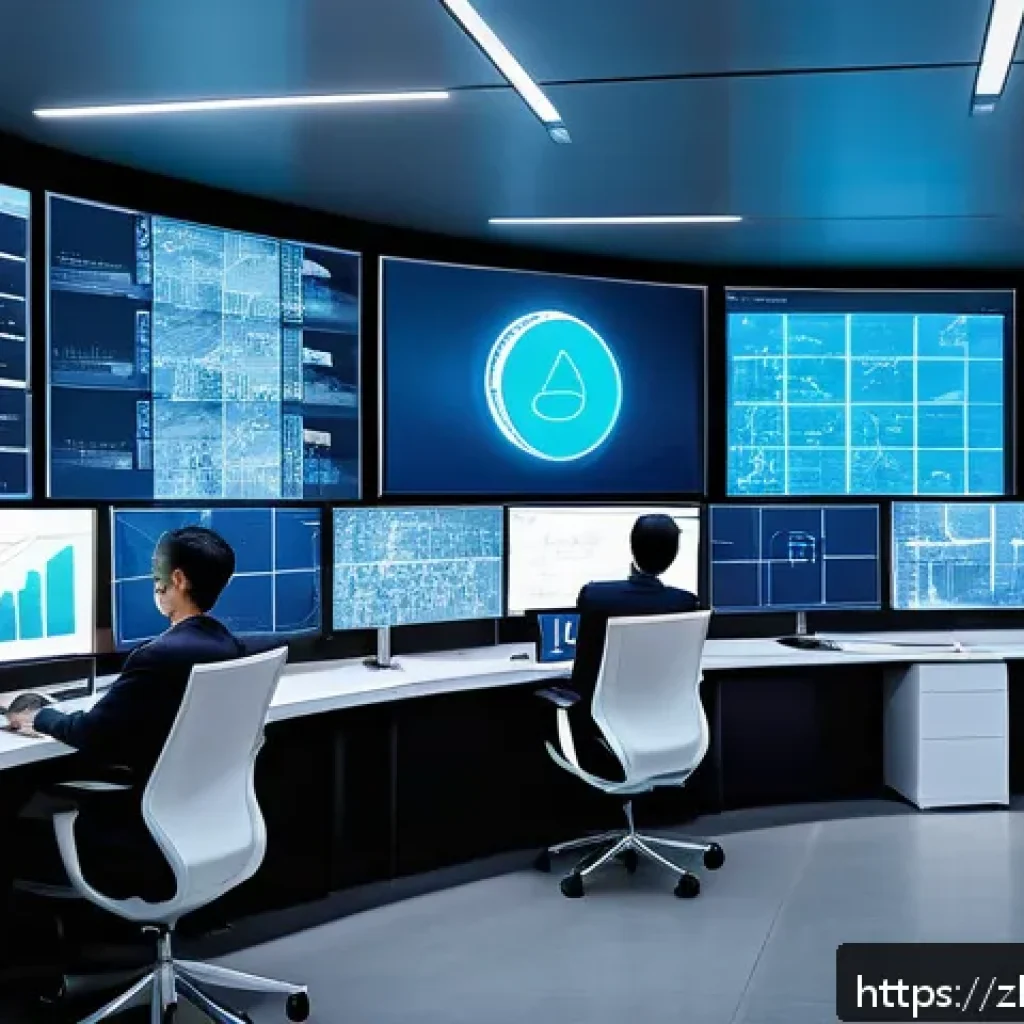 공급망관리와 비즈니스 성과 향상 - A modern, high-tech supply chain control center with multiple digital screens displaying real-time I...