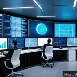 공급망관리와 비즈니스 성과 향상 - A modern, high-tech supply chain control center with multiple digital screens displaying real-time I...