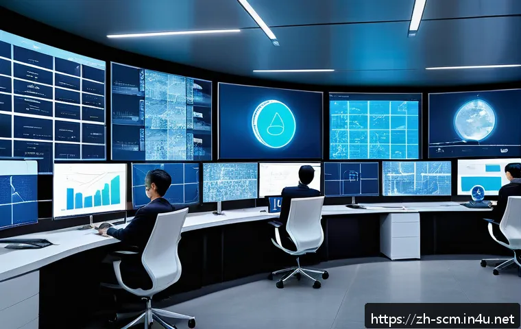 공급망관리와 비즈니스 성과 향상 - A modern, high-tech supply chain control center with multiple digital screens displaying real-time I...