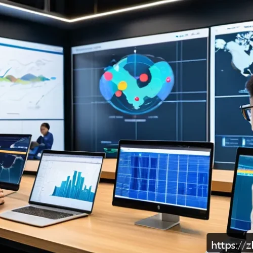 공급망관리에서의 커뮤니케이션 스킬 - A modern supply chain control room featuring a large digital dashboard displaying real-time data vis...