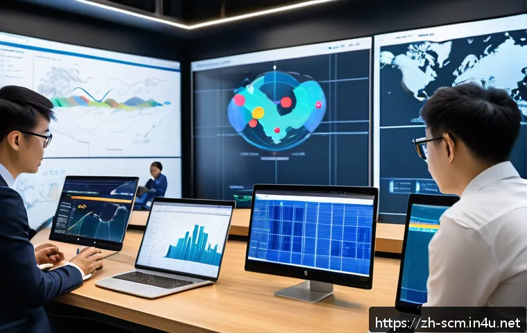 공급망관리에서의 커뮤니케이션 스킬 - A modern supply chain control room featuring a large digital dashboard displaying real-time data vis...